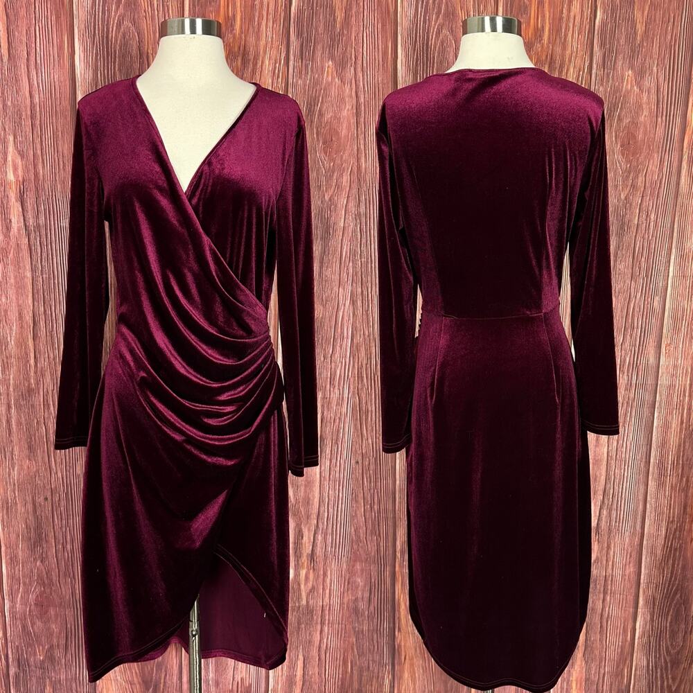 Huhot Womens Burgundy Faux Wrap Long Sleeve Dress Red Velvet Holiday Size Large